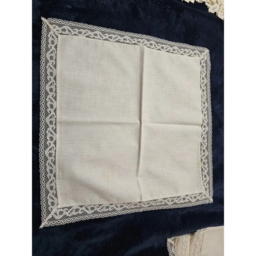 Vintage Off White Linen Napkins Set of10 Bobbin Lace Trim Square 16x16 Tableware